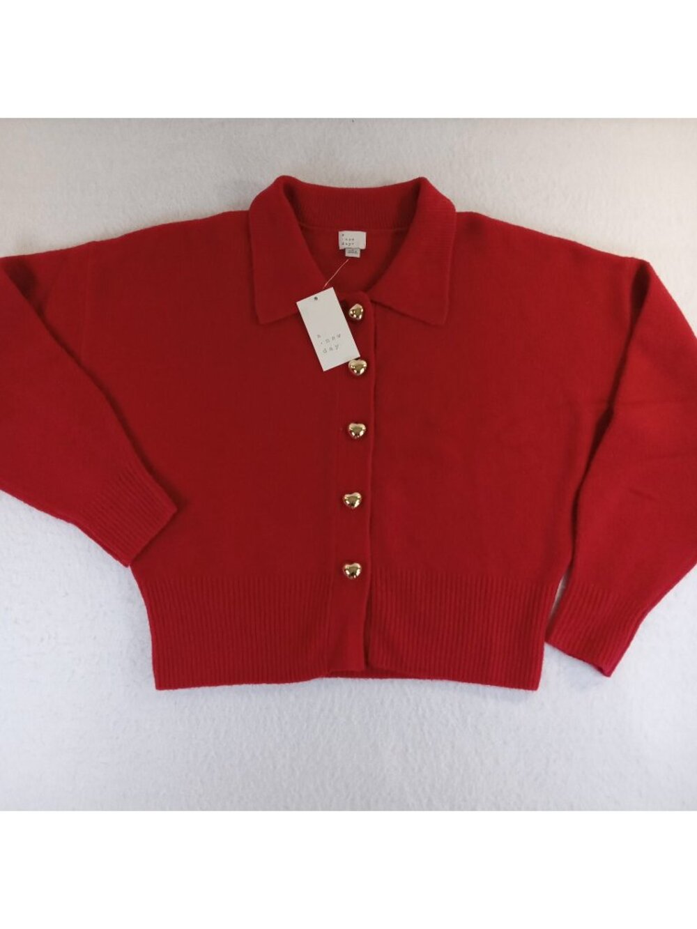A New Day Women's Red Cropped Collared Cardigan Sweater Gold Heart Buttons LARGE